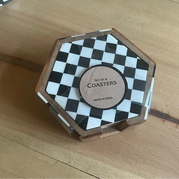 Checkered Coaster Set with Wooden Holder - Picture 2 of 2